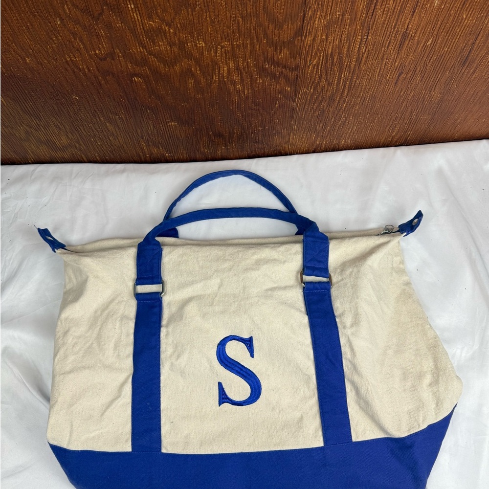 Blue and Cream Canvas Tote Bag S letter Bag 20” by 15”